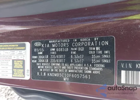 2015 Kia Sedona Lx из США, поврежденный, VIN KNDMB5C10F6057561